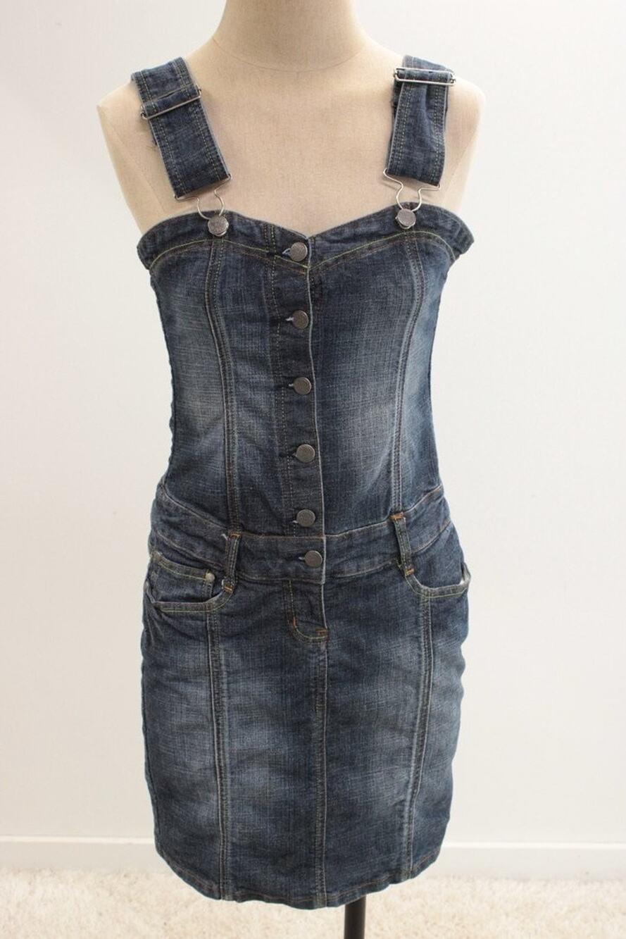 Hint Denim Overall Dress Size 7 Body Con Distressed Cotton Poly Spandex